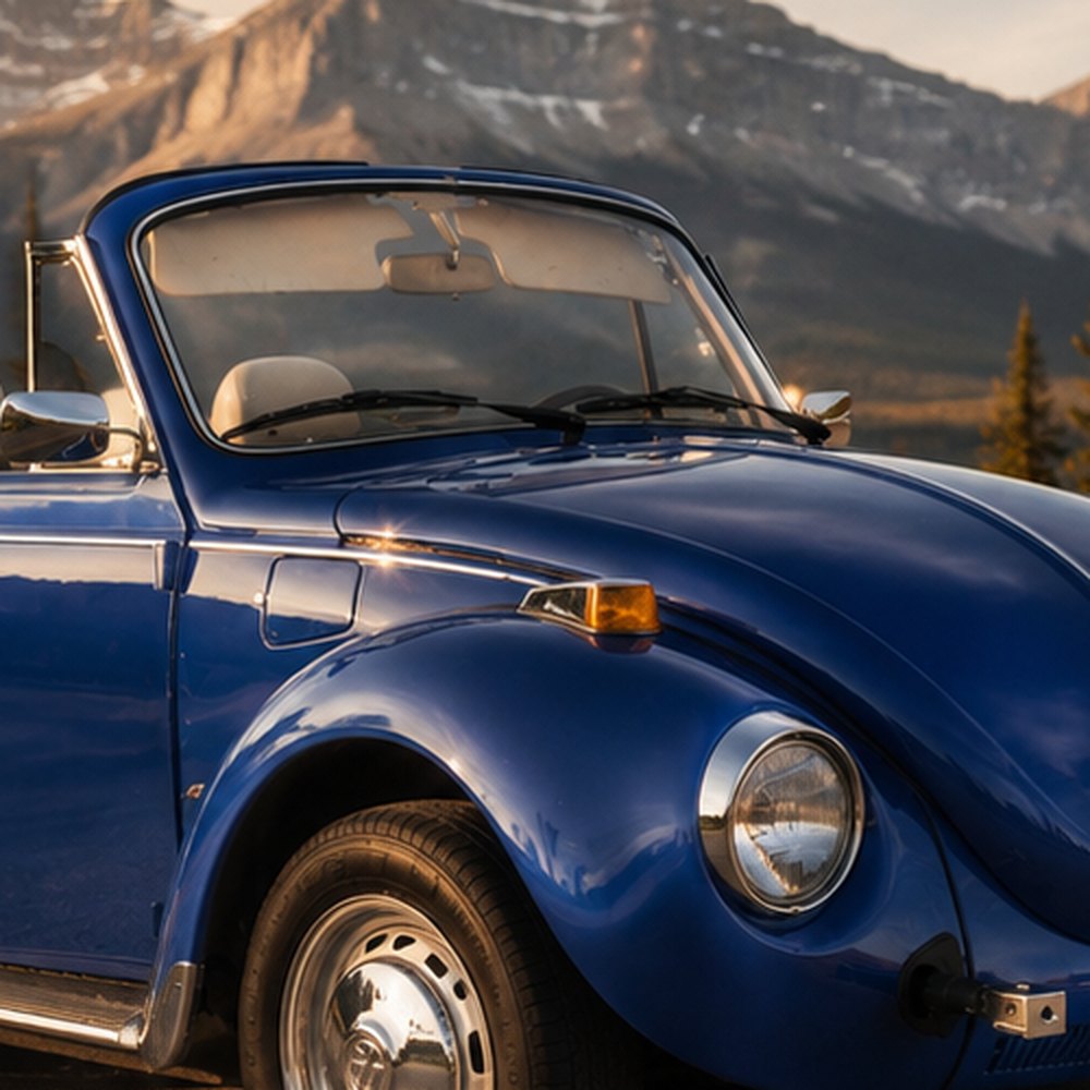 The Beetle's fender and chrome headlight catching the last of the evening light, mountains behind