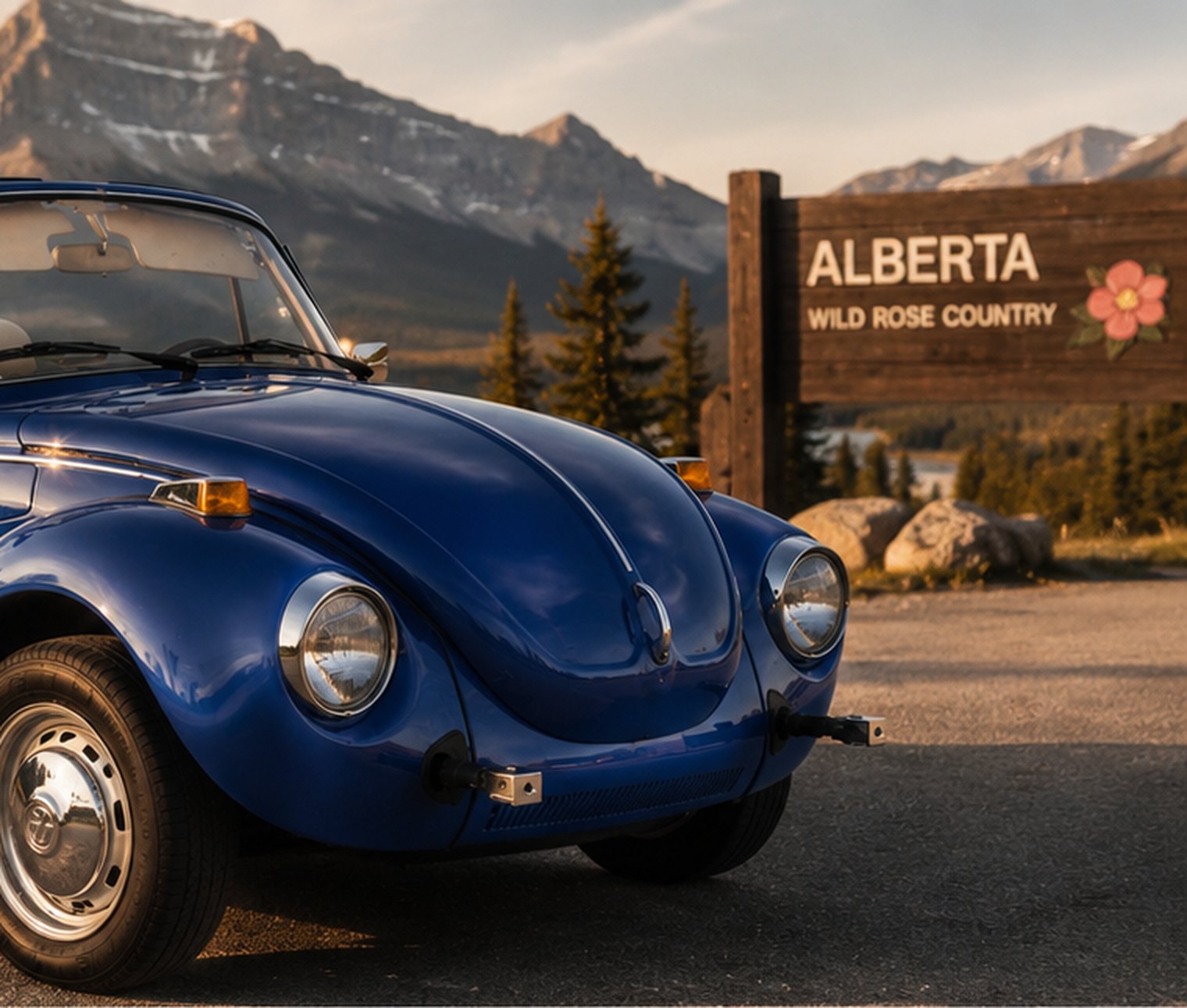 A restored cornflower-blue 1978 Volkswagen Beetle cabriolet at golden hour, parked beside the Alberta Wild Rose Country sign