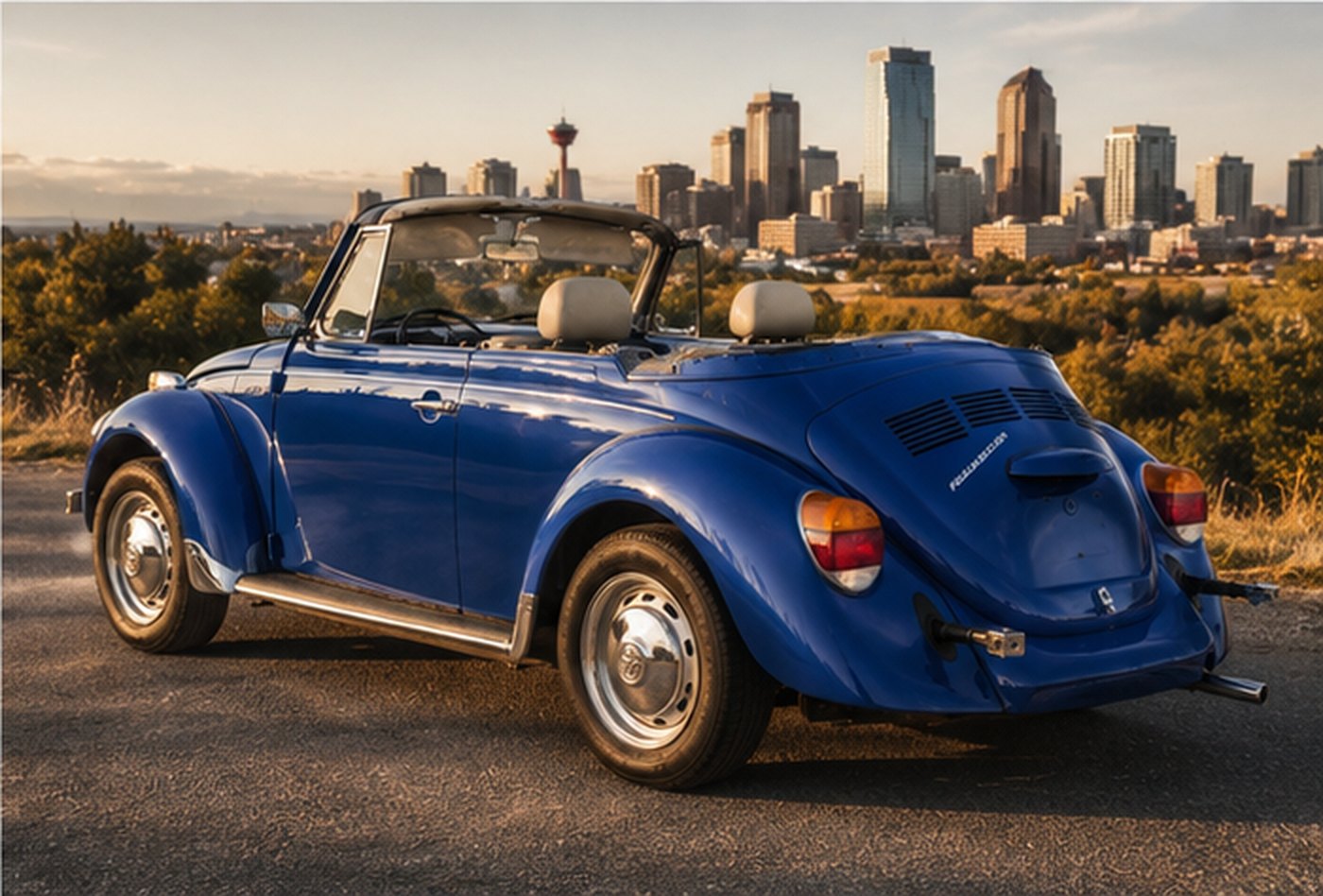 The Beetle from the rear three-quarter at golden hour, the Calgary skyline behind