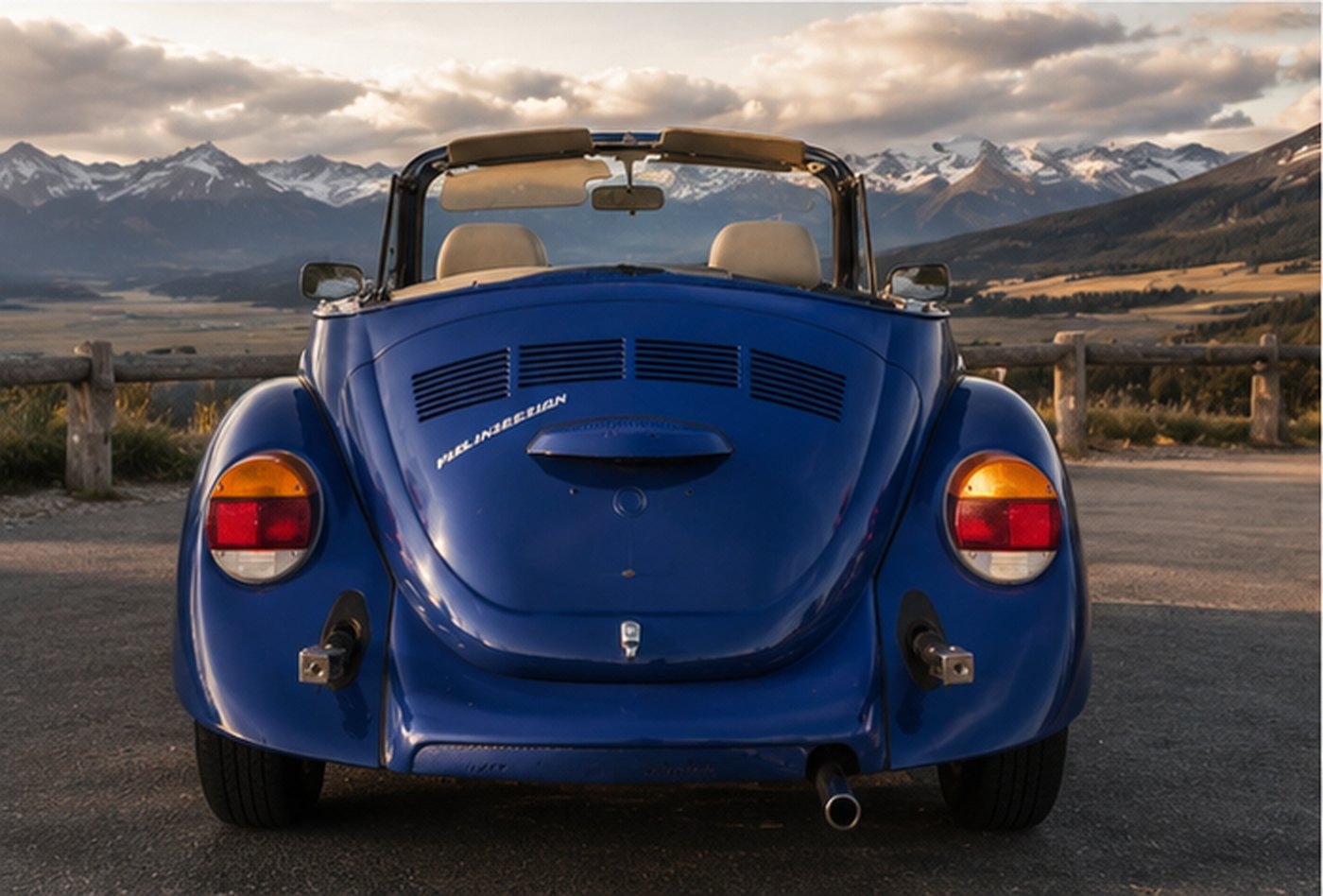 The Beetle at dusk before the Rocky Mountains, soft top down