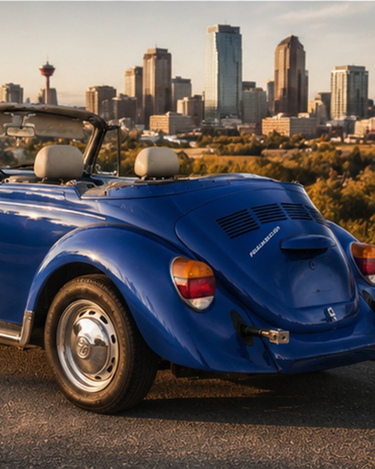The Beetle at golden hour with the Calgary skyline rising behind her