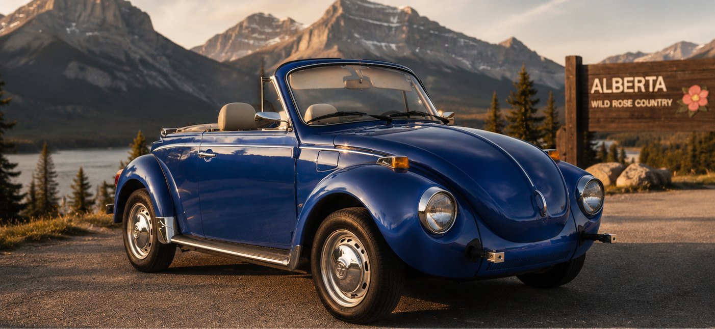 The Beetle at golden hour beside the Alberta Wild Rose Country sign, mountains and lake behind